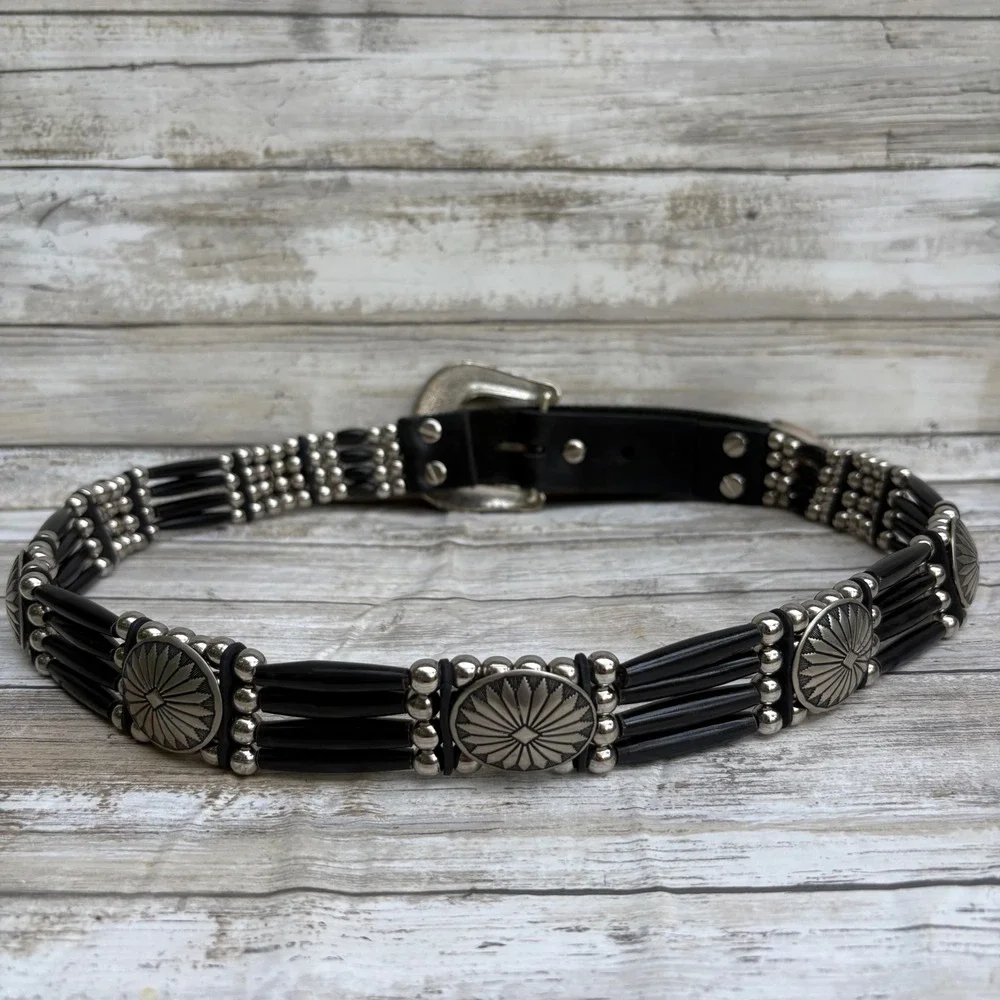 Cactus Mountain Western Belt 38 Handmade Black Silver 4 Strand Bone Beads Concho